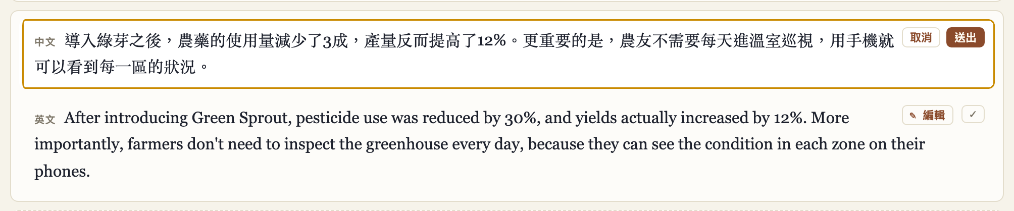 編輯中的字幕行,右上角有取消和送出按鈕