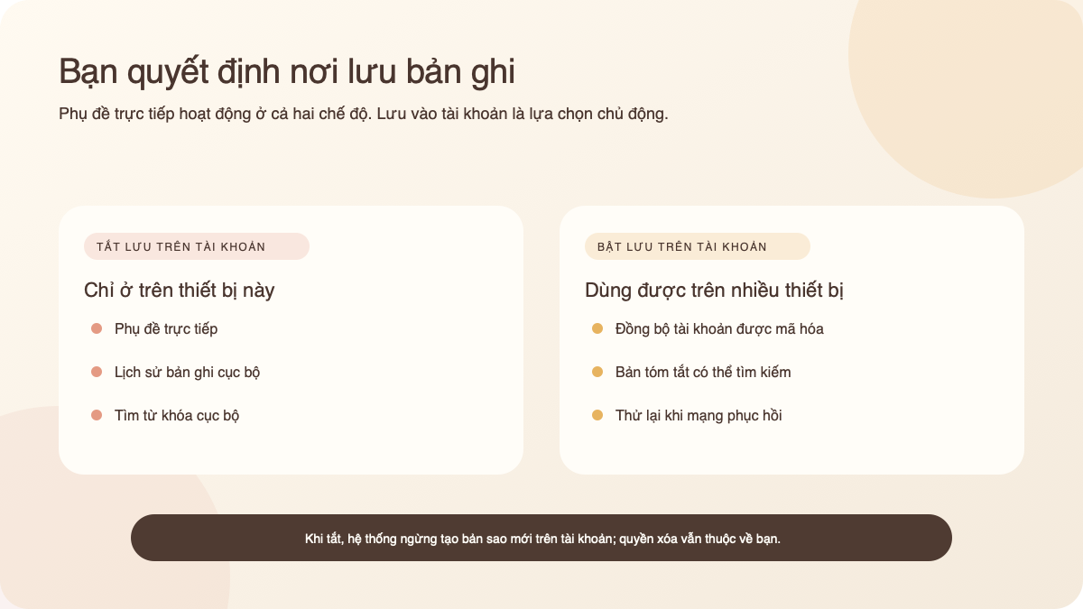 Vị trí dữ liệu và khả năng khác nhau khi tắt hoặc bật lưu bản ghi trong tài khoản